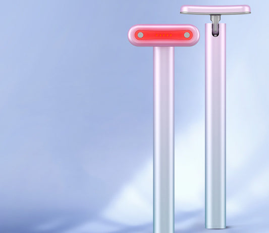 GloweBeam™ red light therapy wand shown from front and side angles, designed for skin rejuvenation, firming, and facial contouring.