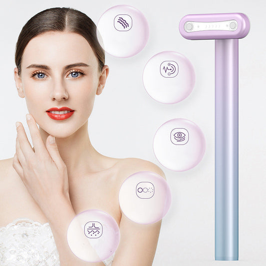 Woman next to GloweBeam™ wand with illustrated skincare benefits including wrinkle reduction, brightening, and sculpting through infrared and vibration technology.